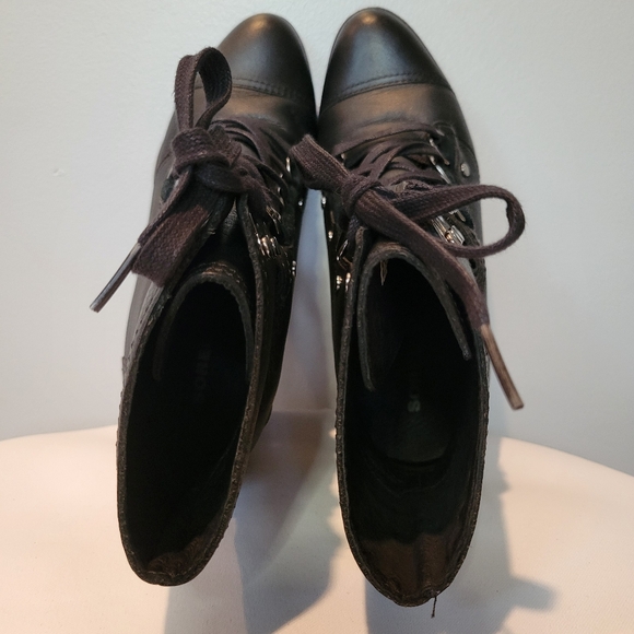 Sorel After Hours Black & Brown Lace Up Leather Wedge Wooden Heel Boots SZ 8.5 - Picture 9 of 13